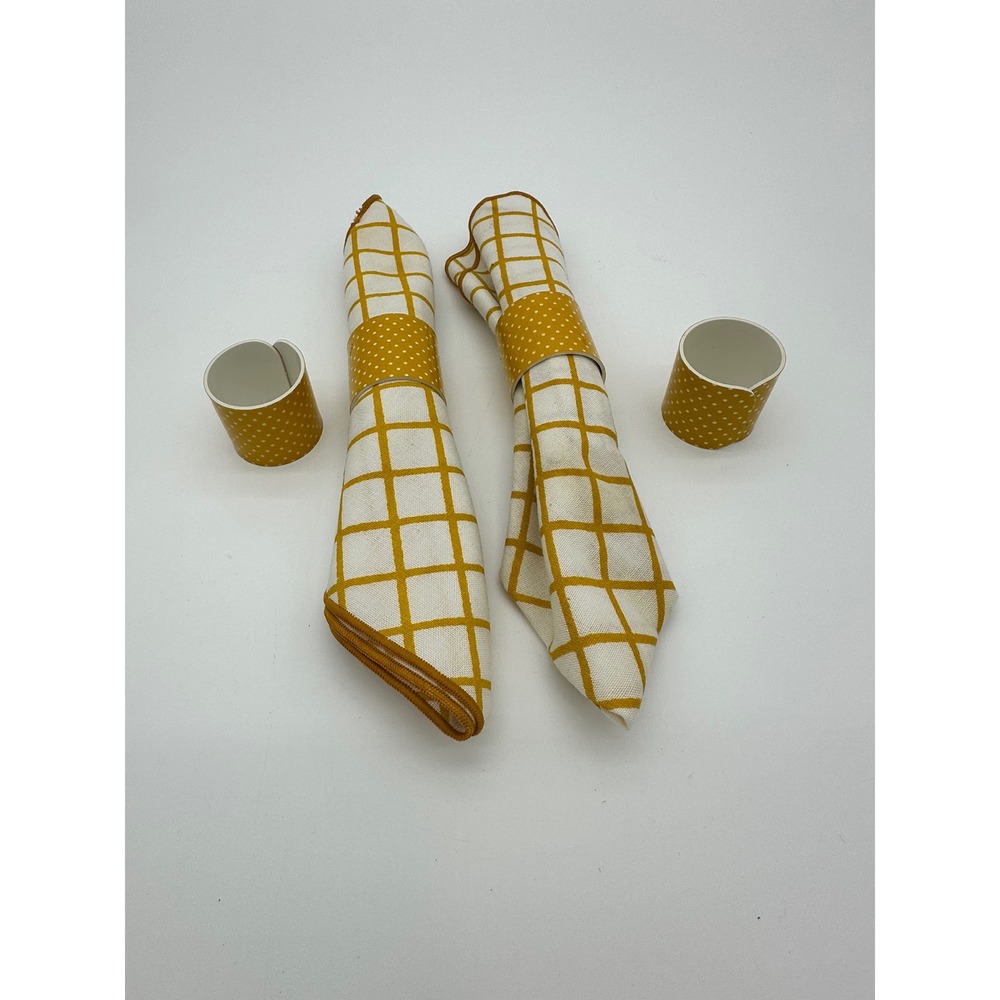 VTG Napkin Set and Rings Home Decor Grid Polka Dot Mustard Yellow OS